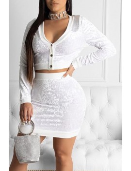 Lovely Casual V Neck Buttons White Two-piece Pants Set