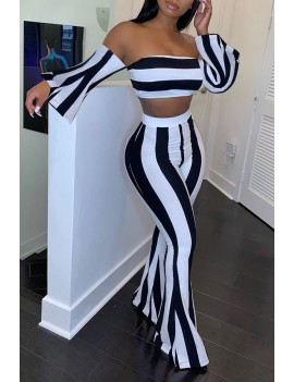 Lovely Trendy Off The Shoulder Striped Printed Black Two-piece Pants Set