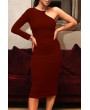 Lovely Stylish One Shoulder Red Mid Calf Dress