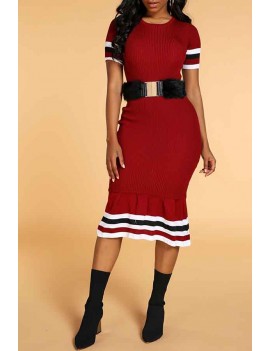 Lovely Chic Striped Wine Red Knee Length Dress