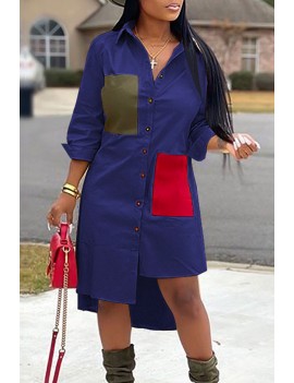 Lovely Casual Color-lump Patchwork Blue Mid Calf Dress