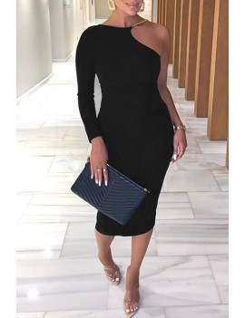 Lovely Stylish One Shoulder Black Mid Calf Dress
