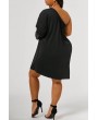 Lovely Casual One Shoulder Black Knee Length Plus Size Dress