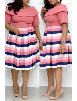Lovely Casual Striped Pink Knee Length Plus Size Dress