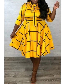 Lovely Casual Knot Design Yellow Knee Length Plus Size Dress