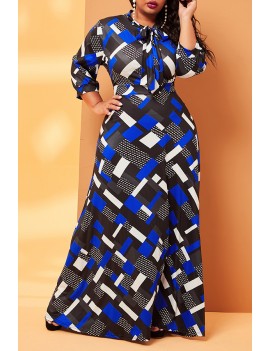 Lovely Casual Print Blue Ankle Length Plus Size Dress