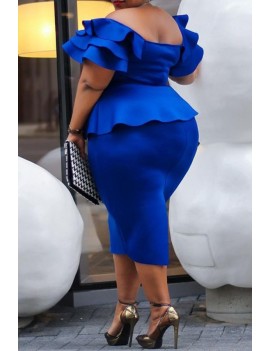 Lovely Trendy Ruffle Design Blue Mid Calf Dress