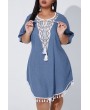 Lovely Casual Tassel Design Blue Plus Size Mini Dress