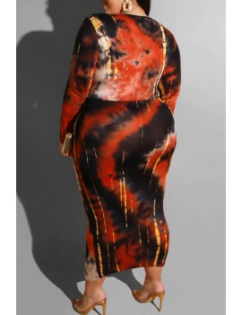 Lovely Casual Printed Red Mid Calf Plus Size Dress
