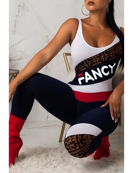 Lovely Casual U Neck Letter Printed Patchwork Red One-piece Jumpsuit