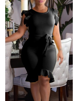 Lovely Pretty Round Neck Flounce Black One-piece Romper