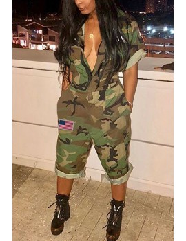 Lovely Euramerican  Camouflage Printed Loose Cotton Blends One-piece Jumpsuit