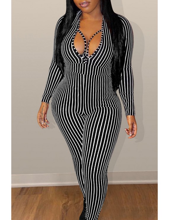 Lovely Chic Hollow-out Striped Black One-piece Jumpsuit