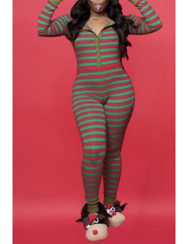 Lovely Christmas Day Striped Green One-piece Jumpsuit