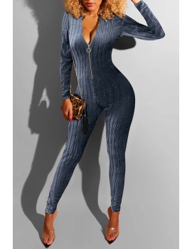 Lovely Casual Zipper Striped Blue One-piece Jumpsuit