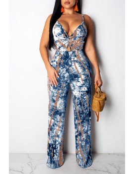 Lovely Sexy Spaghetti Straps Printed Blue One-piece Jumpsuit