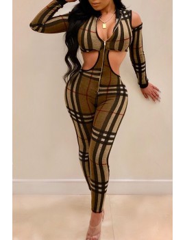 Lovely Sexy Plaid Printed Hollow-out Multicolor One-piece Jumpsuit