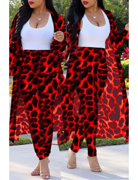 Lovely Casual Leopard Printed Red Plus Size Two-piece Pants Set(Without Tank Top)