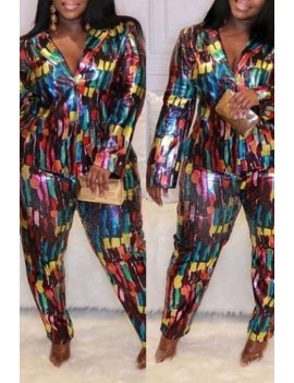 Lovely Trendy Color-lump Patchwork Multicolor Plus Size Two-piece Pants Set