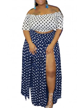 Lovely Casual Dot Printed Side Split Blue Plus Size Two-piece Skirt Set