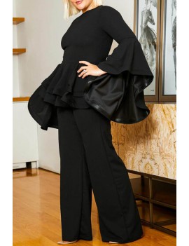Lovely Casual Flounce Design Black Plus Size Two-piece Pants Set