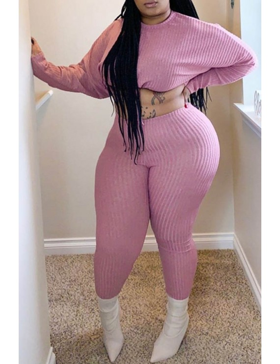 Lovely Casual Basic Crop Top Pink Plus Size Two-piece Pants Set
