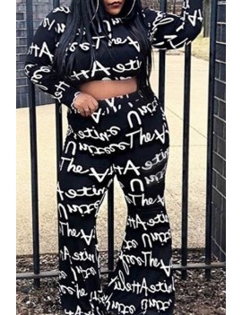 Lovely Casual Letter Printed Black Plus Size Two-piece Pants  Set